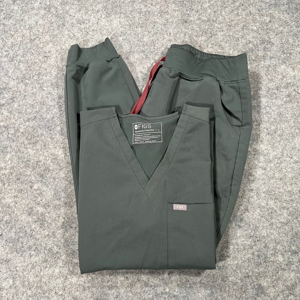 Figs Scrub Set Womens L Green Jogger V-Neck Technical Collection Medical Uniform